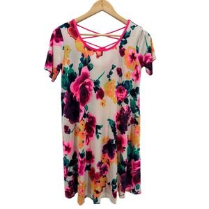 Hemish USA Floral Print Knit Dress Small Travel Stretch Short Sleeve‎ Crisscross
